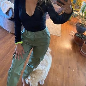 Green leather cargo pants